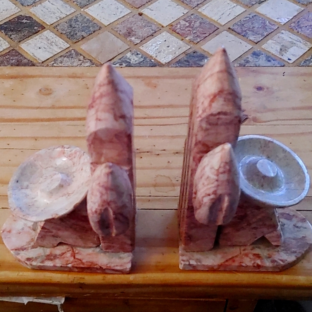 Vintage Marble Cactus Bookends, Peach / Pink Onyx